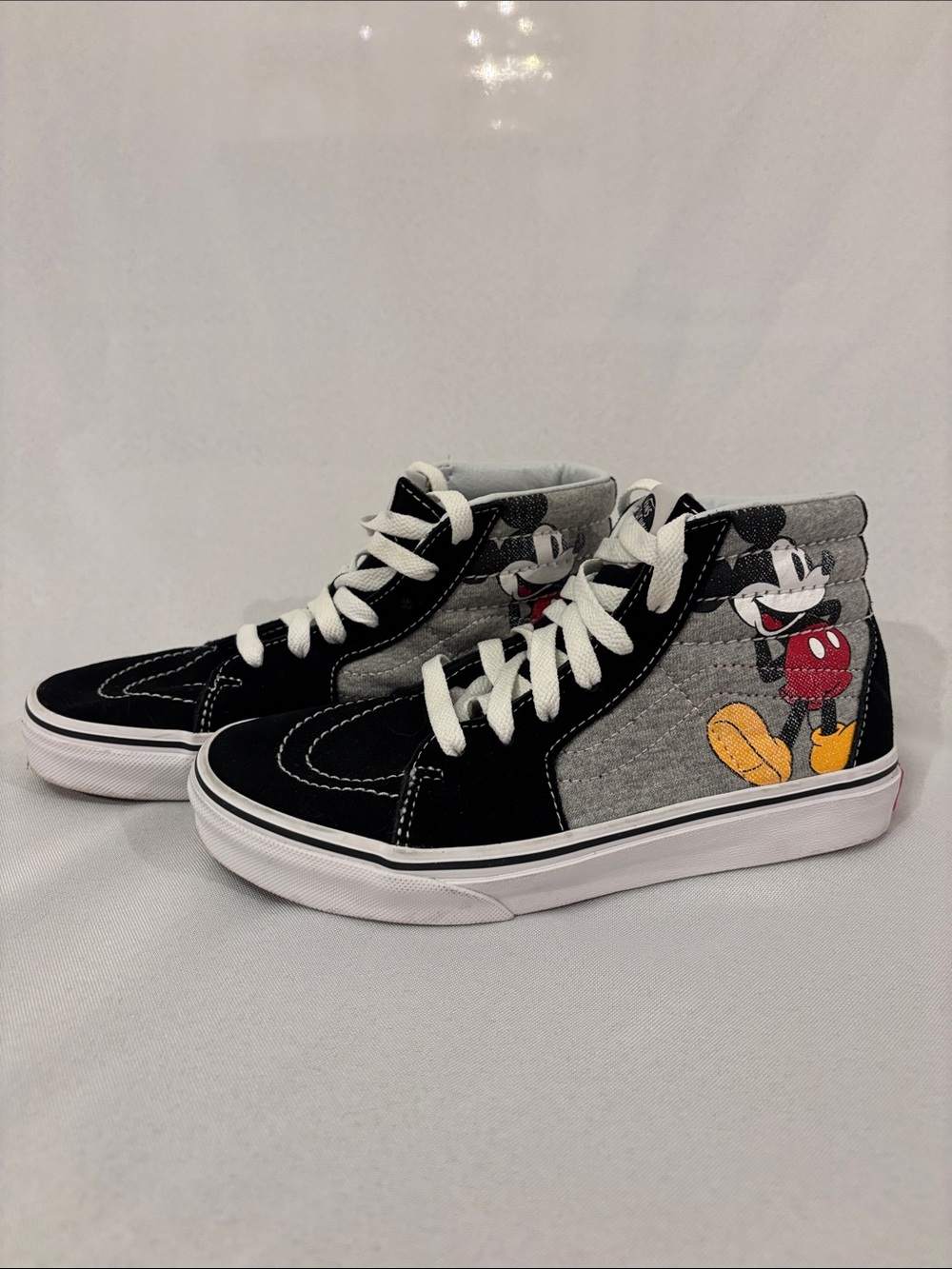 Vans Kids High-Top Sneakers in Black, Gray, White with Mickey Graphic